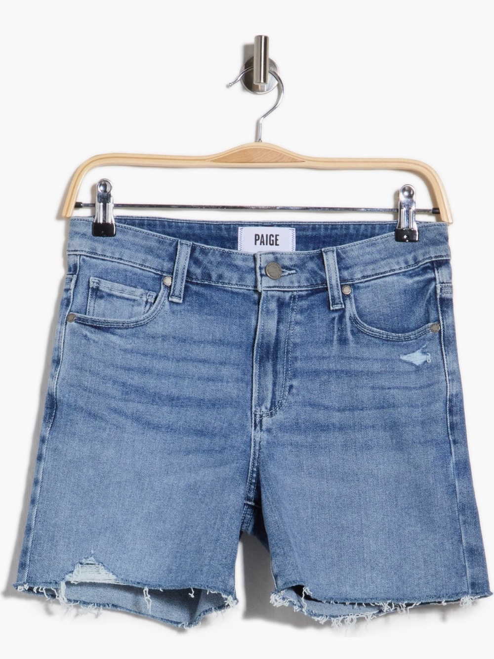 PAIGE Light Blue Distressed Denim Shorts